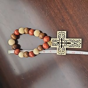 Wooden Cross with detailed etching and  neutral colored Beads 11 inches